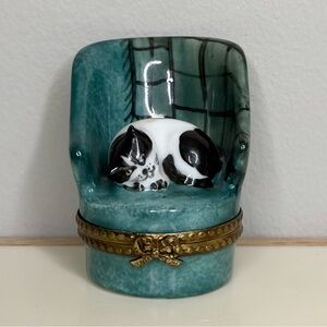 Limoges Hand Painted Black and White Cat Trinket Box